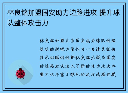 林良铭加盟国安助力边路进攻 提升球队整体攻击力 林良铭加盟国安助力边路进攻 提升球队整体攻击力